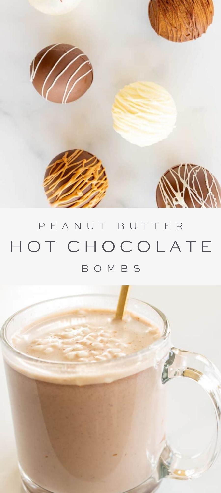 Peanut Butter Hot Chocolate Bombs and hot chocolate in clear mug