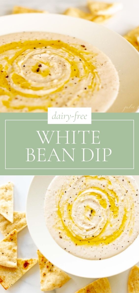 In a round white bowl, there is white bean dip surrounded by pita chips, overlay text, close up of white bean dip