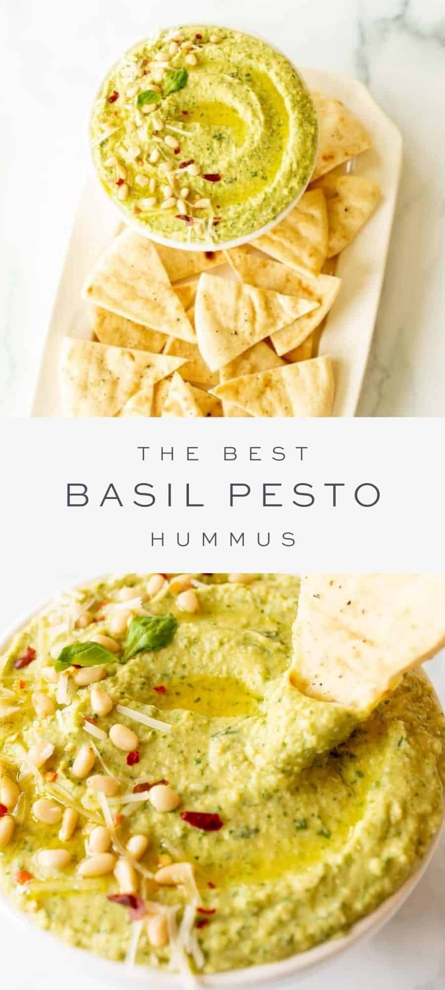 basil pesto hummus in bowl surrounded by pita chips, overlay text, close up of chip dipping into pesto hummus