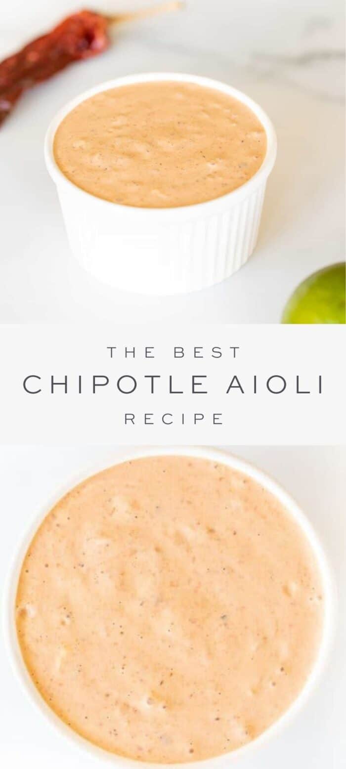 chipotle aioli in dish on counter, chili pepper and lime, overlay text, close up of chipotle aioli