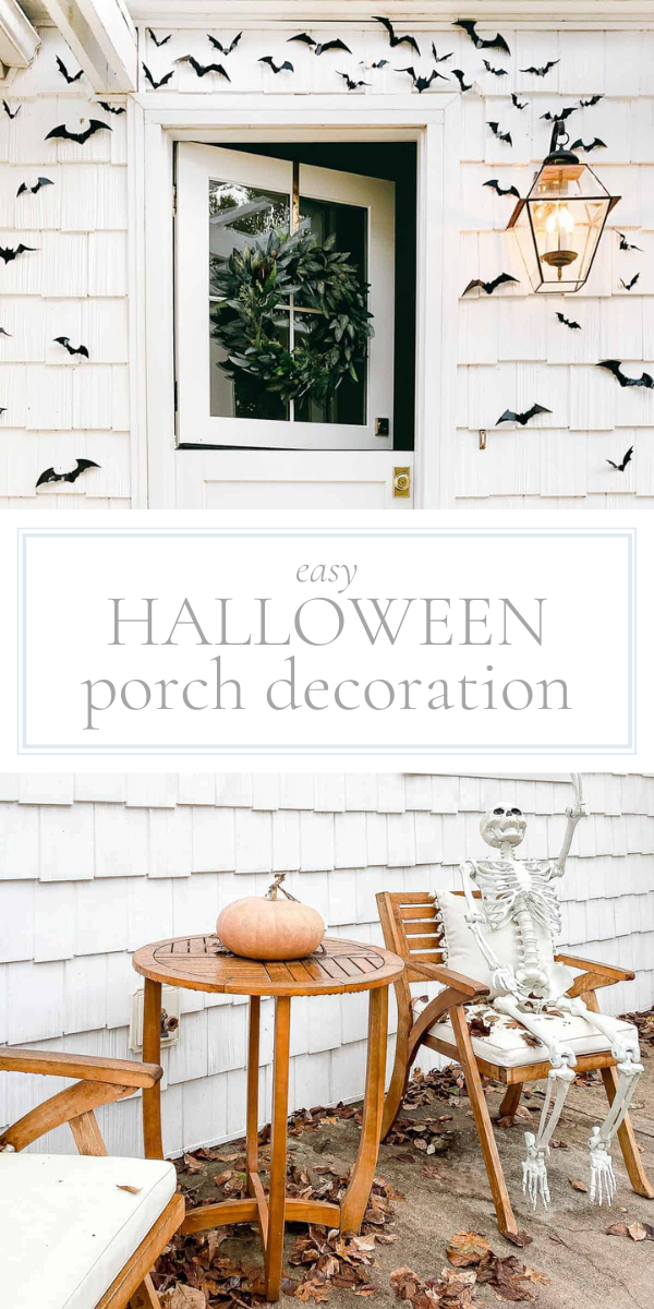 Top photo is a porch and front door decorated with black bat cutouts. Bottom photo is a porch with a pumpkin on a round table and a plastic skeleton sitting in a chair