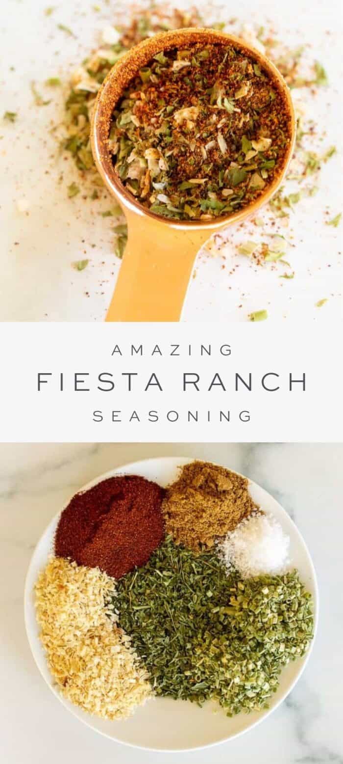 fiesta ranch seasoning in teaspoon on counter, overlay text, ingredients on fiesta ranch seasoning in bowl
