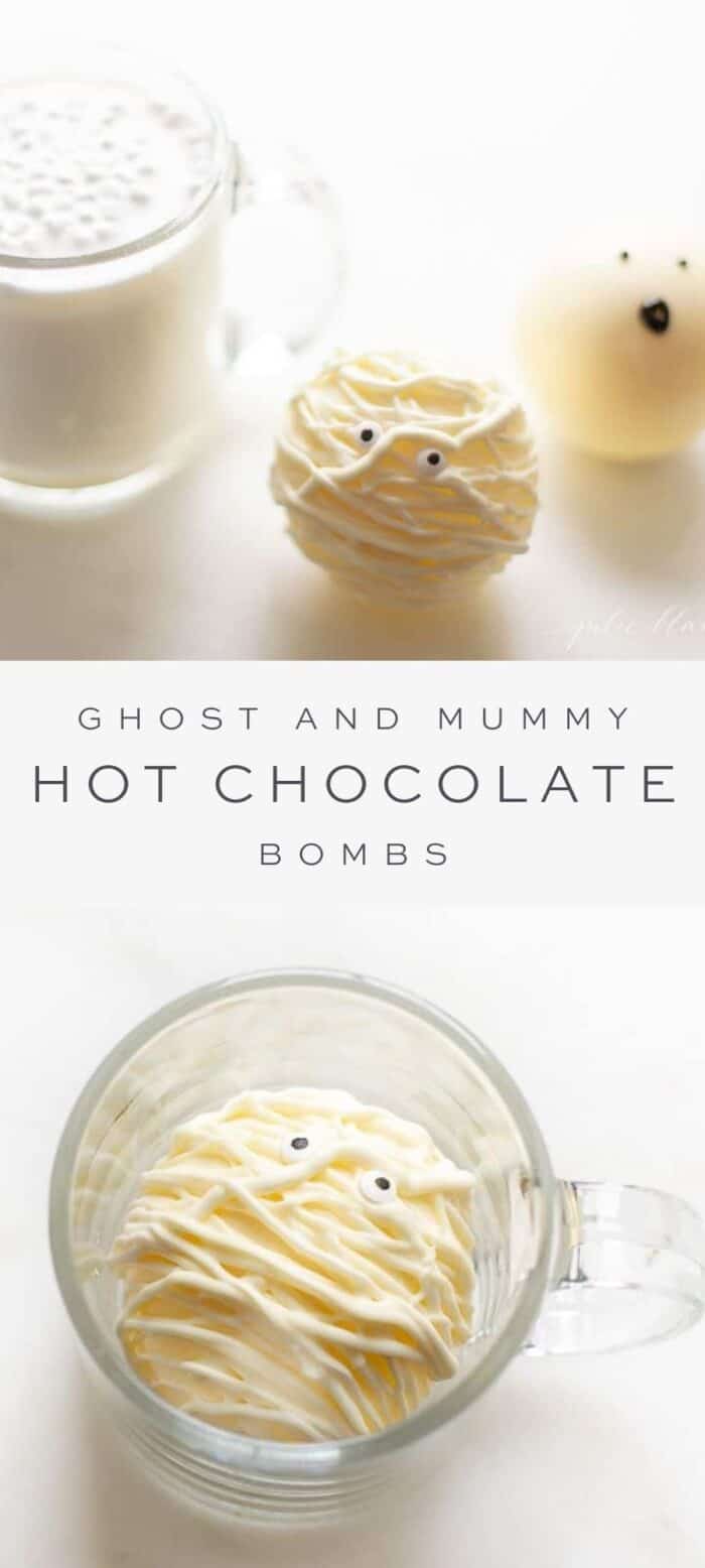 ghost and mummy hot chocolate bombs next to a mug of creamy hot chocolate