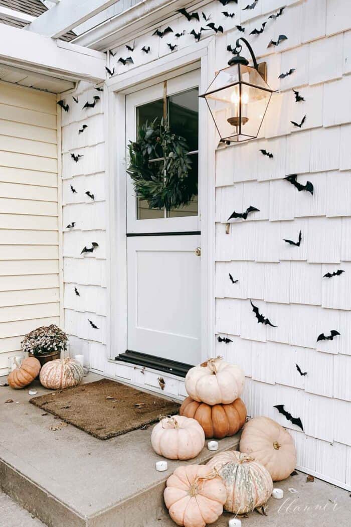 open dutch door surrounded by black bats and pumpkins