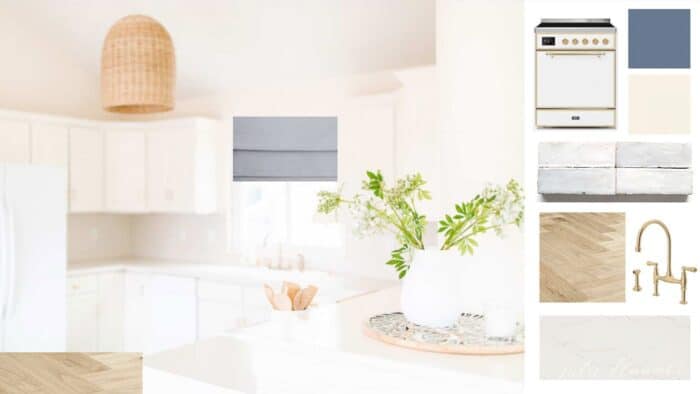 An Interior design mood board of a white kitchen.