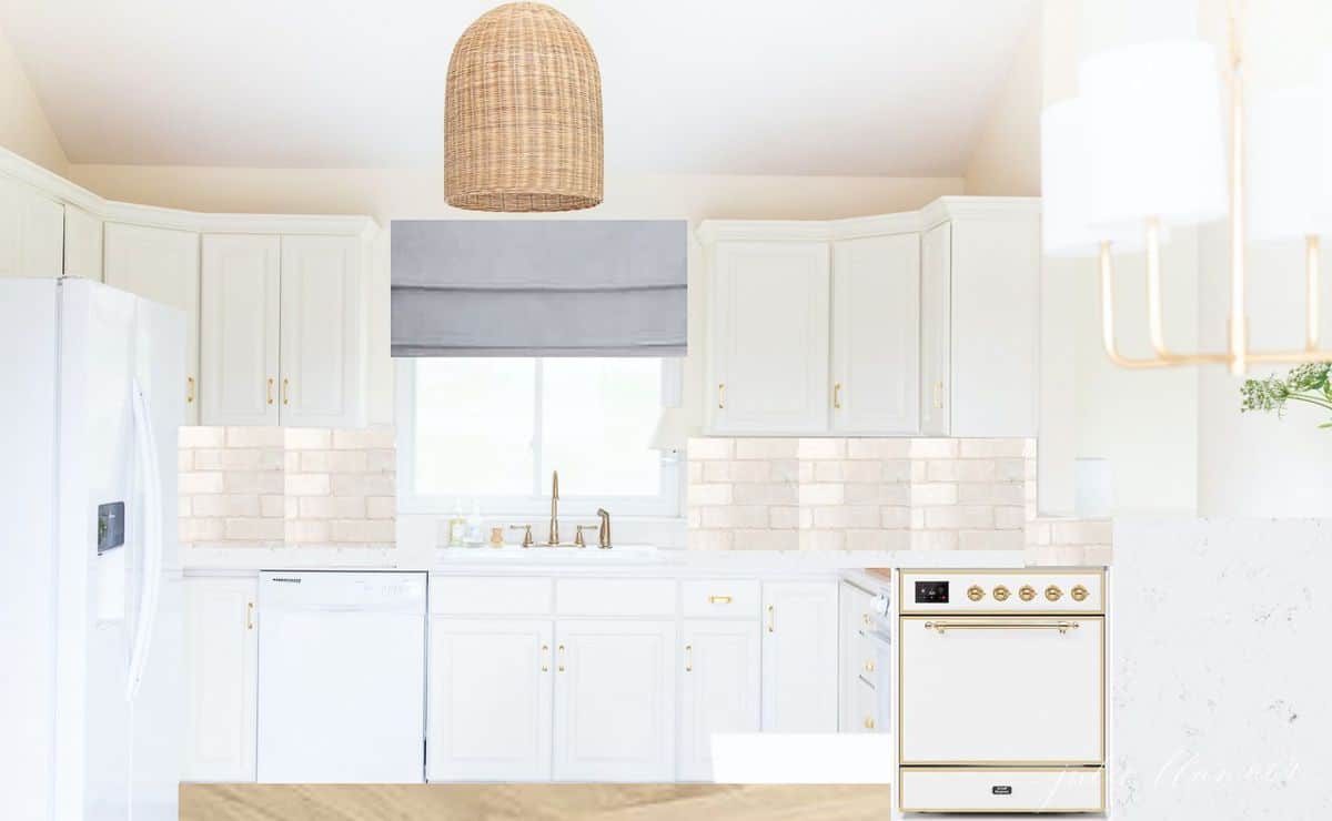 An Interior design mood board of a white kitchen.
