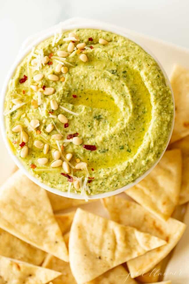 Fresh and Fast Basil Pesto Hummus Recipe Julie Blanner