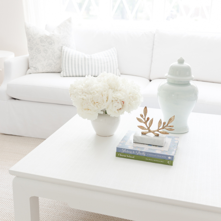 A living room with a minimalist aesthetic in shades of white.