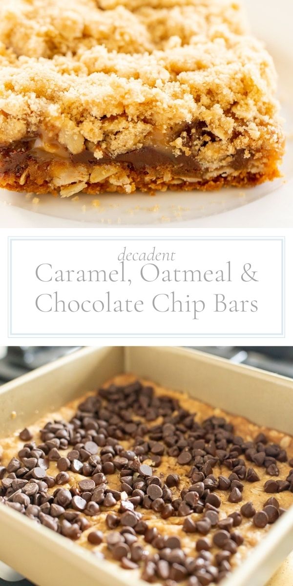Top photo in post is a closeup of a chocolate chip oatmeal bar. Bottom photo is the unbaked mix for chocolate chip oatmeal bars in a square baking dish