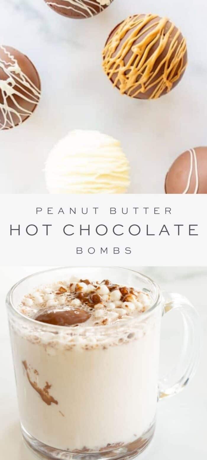 peanut butter hot chocolate bombs on counter, overlay text, mug with melting hot chocolate bomb and warm milk