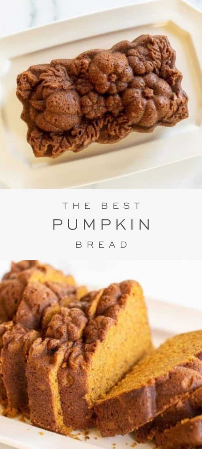 beautiful pumpkin bread on platter, overlay text, close up of sliced pumpkin bread