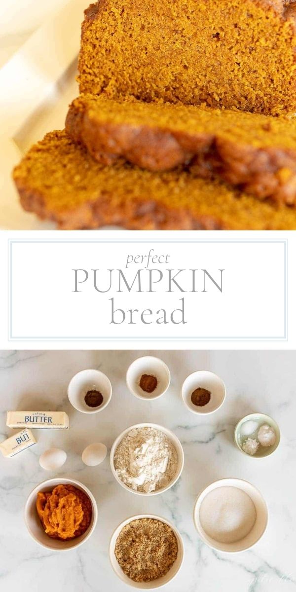 Top photo is a close up of a sliced loaf of pumpkin bread. Bottom photo is the individual ingredients of pumpkin bread