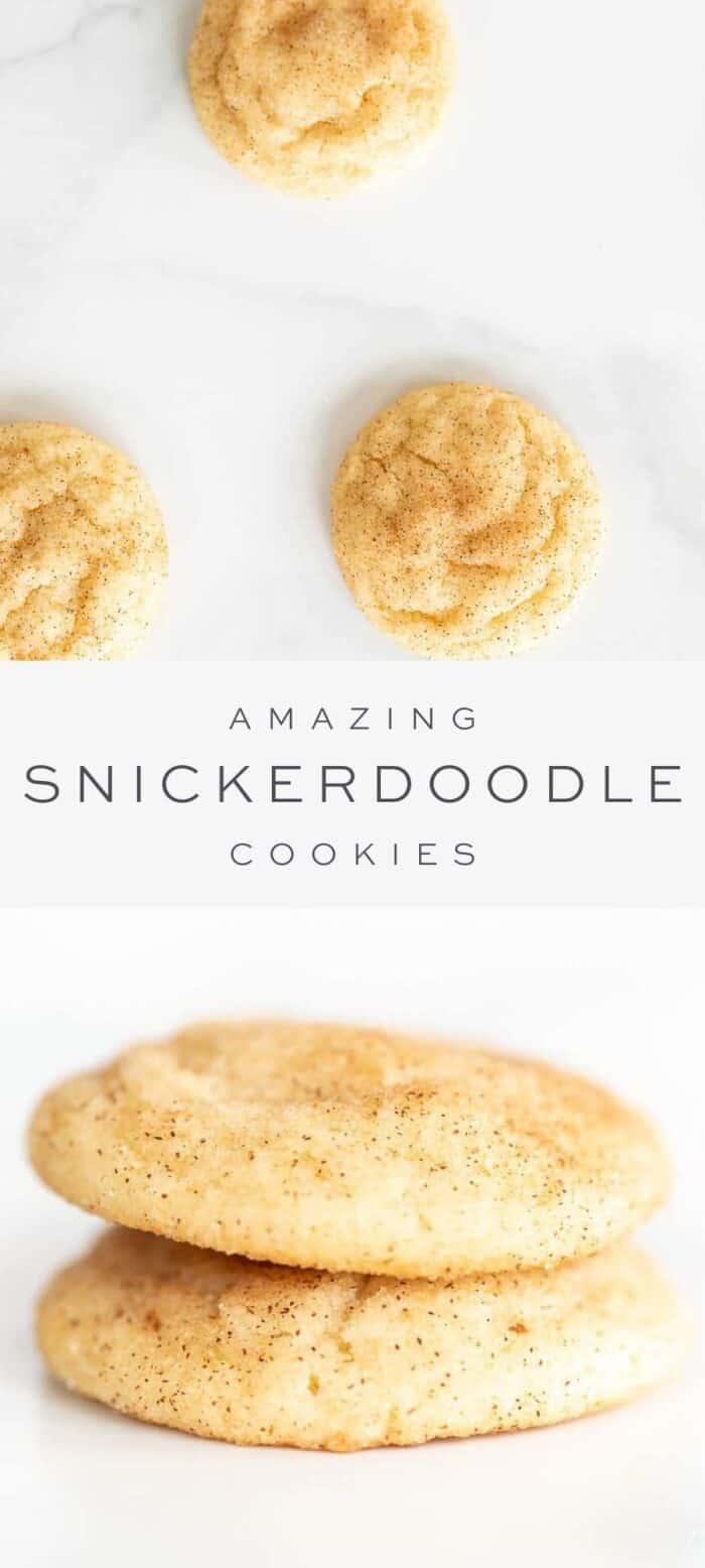 three snickerdoodle cookies on countertop, overlay text, two stacked of snickerdoodle cookies
