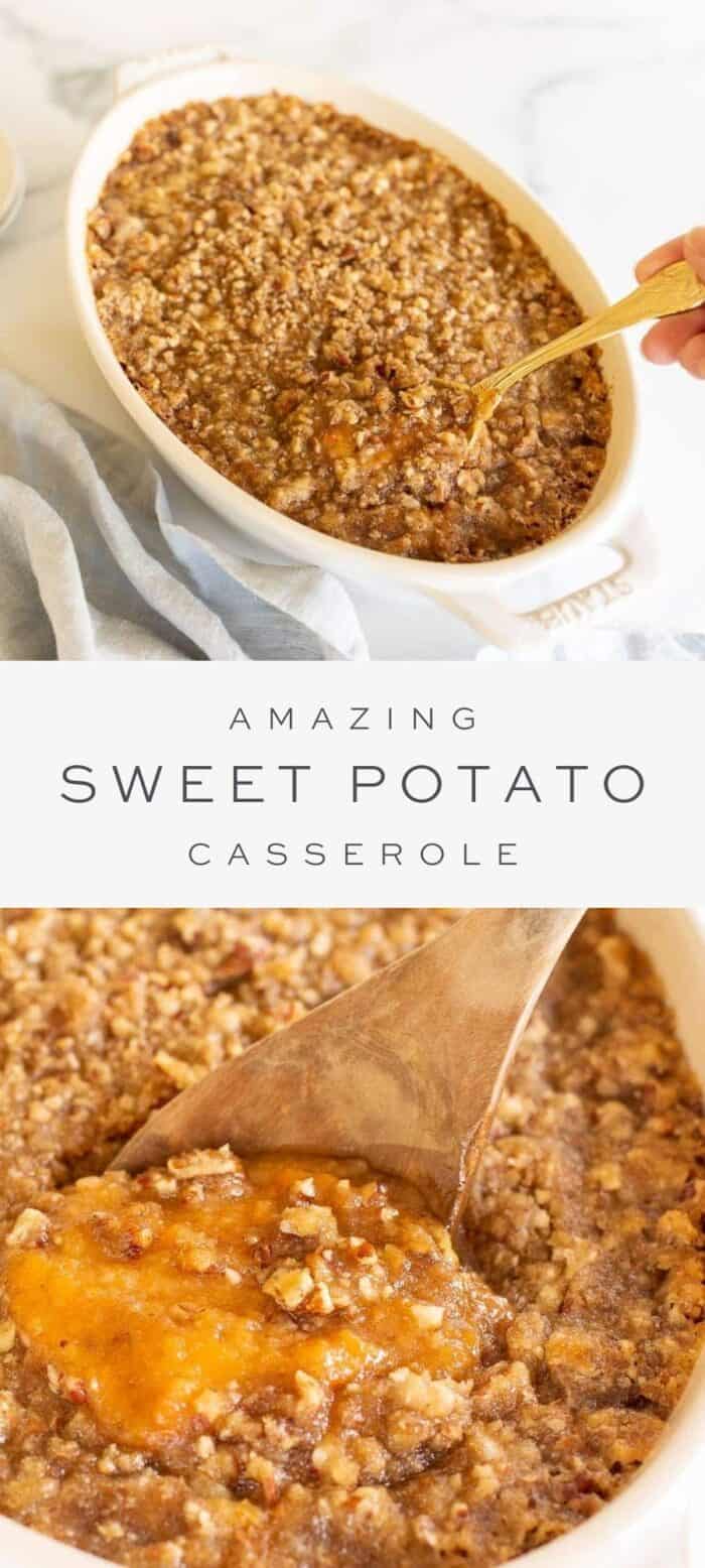 sweet potato casserole in ceramic dish with spoon dipped in, overlay text, close up of sweet potato casserole
