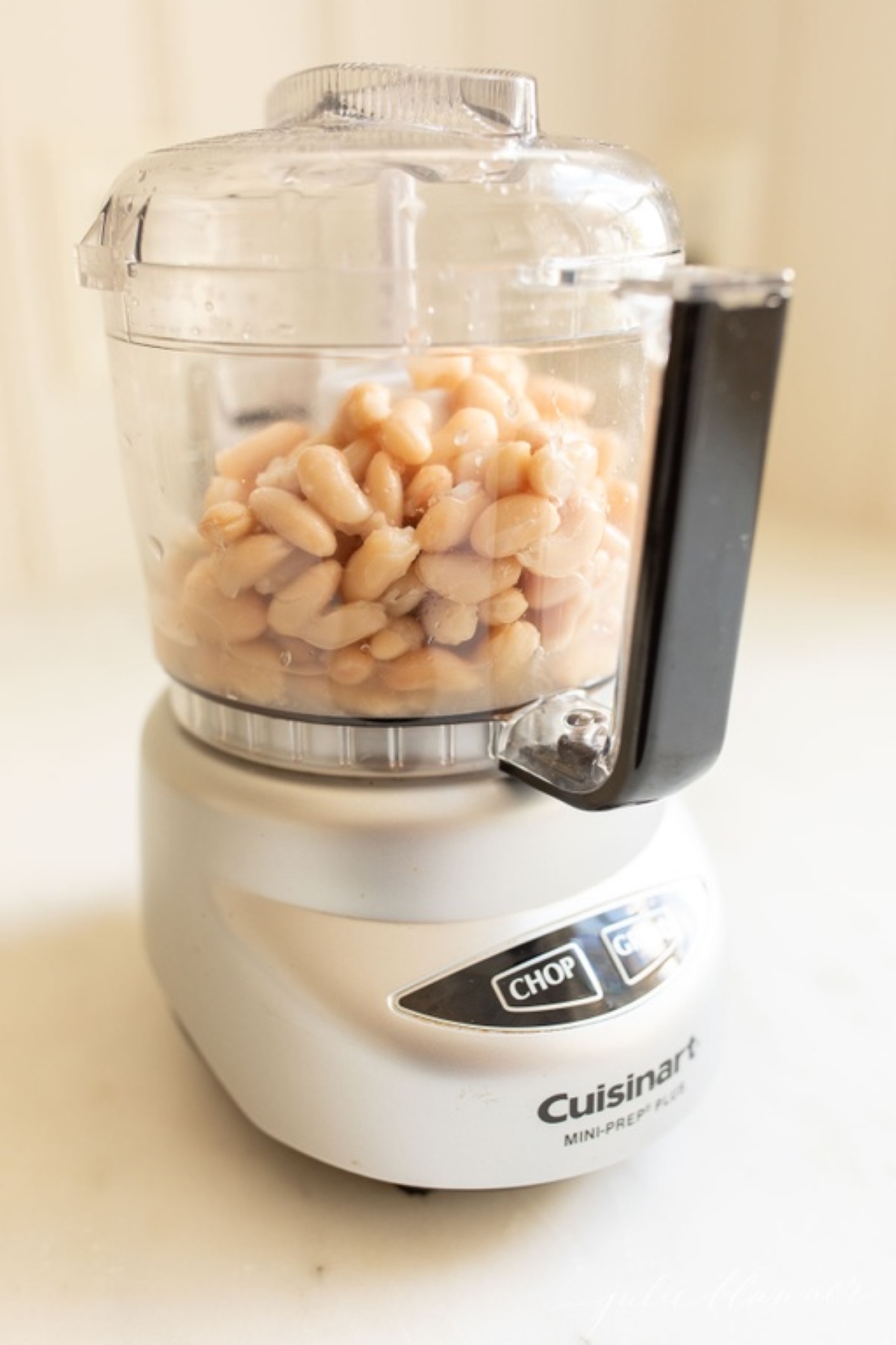 A small food processor full of white beans.