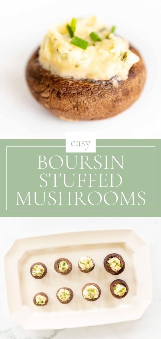 A Tray of boursin stuffed mushrooms is pictured with a close up of a single boursin stuffed mushroom.