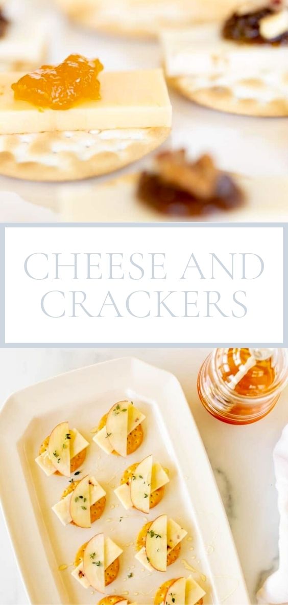 tray of crackers with cheese and jam, overlay text, close up of cracker with cheese slice and apple slice.