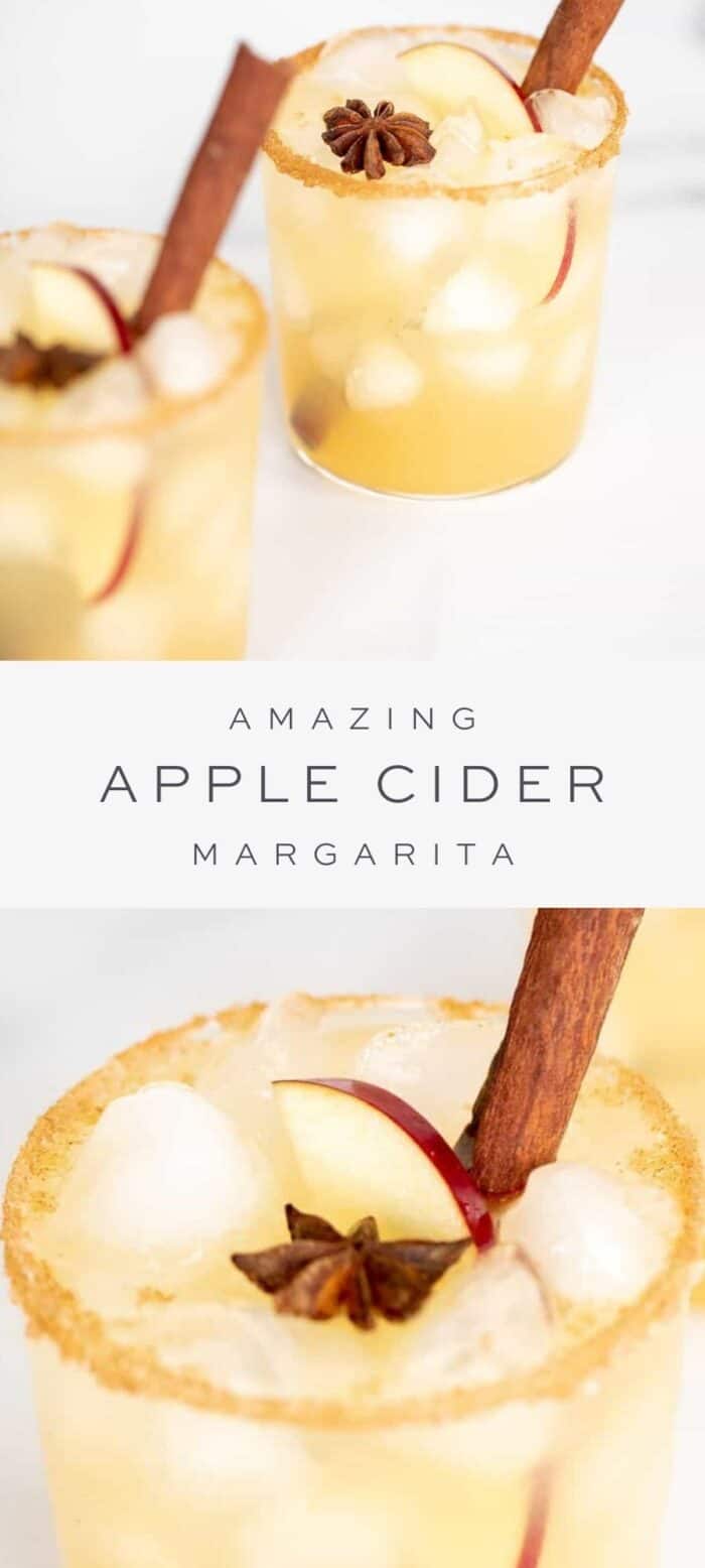 two apple cider margaritas with cinnamon stick and apple slice garnish, text overlay, close up of apple cider margarita