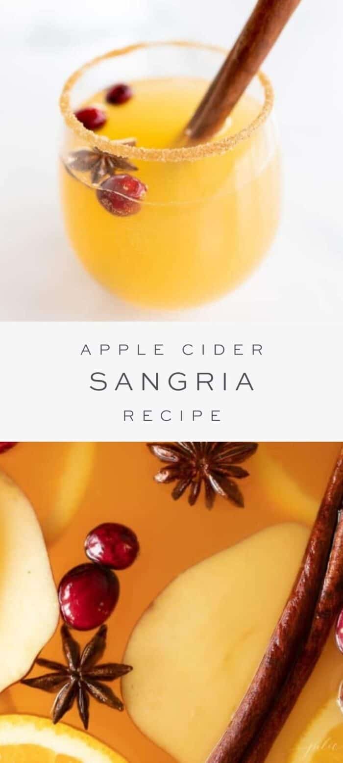 apple cider sangria, overlay text, close up of apple cider sangria