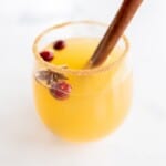 A clear glass full of fall sangria with cranberries and a cinnamon stick.
