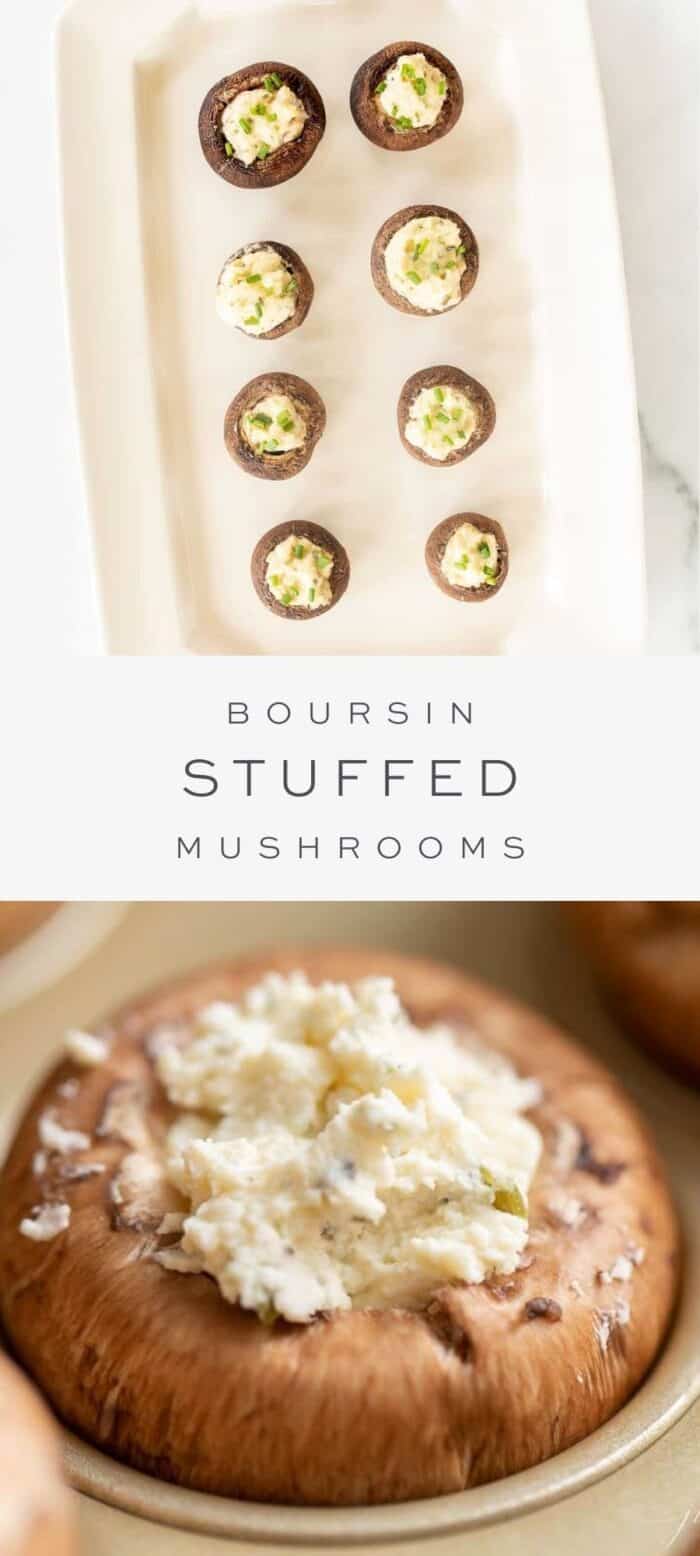 boursin stuffed mushrooms on platter, overlay text, close up of boursin stuffed mushroom