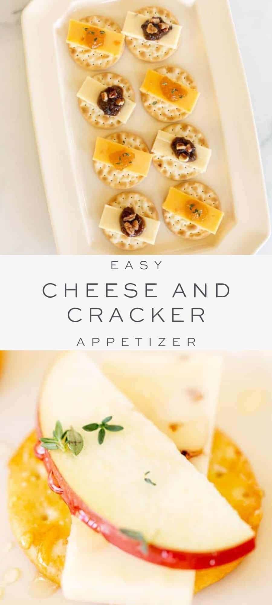 tray of crackers with cheese and jam, overlay text, close up of cracker with cheese slice and apple slice
