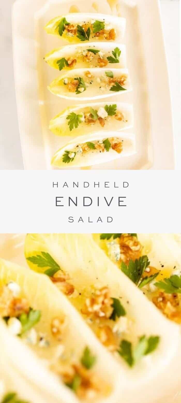 endive salad on white platter, text overlay, close up of endive salad