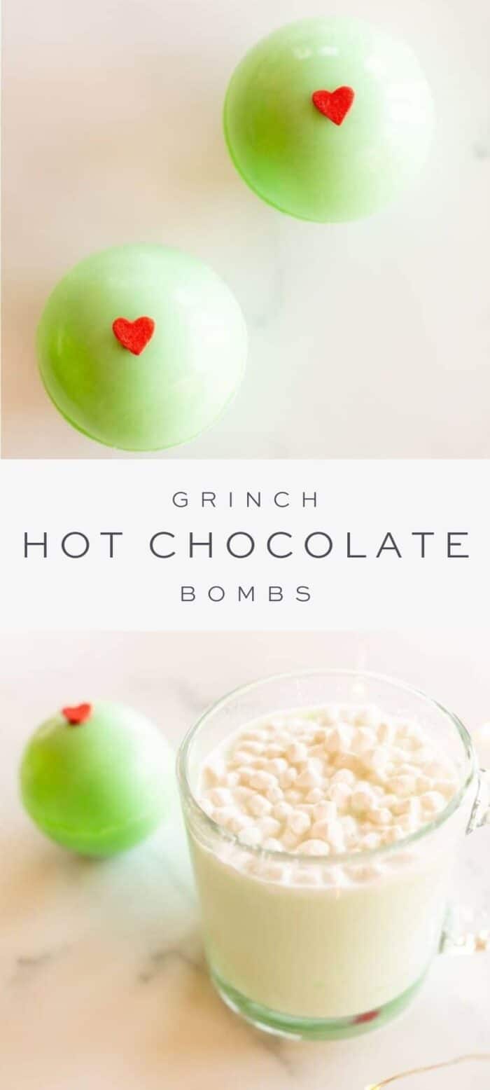 grinch hot chocolate bombs, overlay text, grinch hot chocolate bomb with mug of creamy hot chocolate