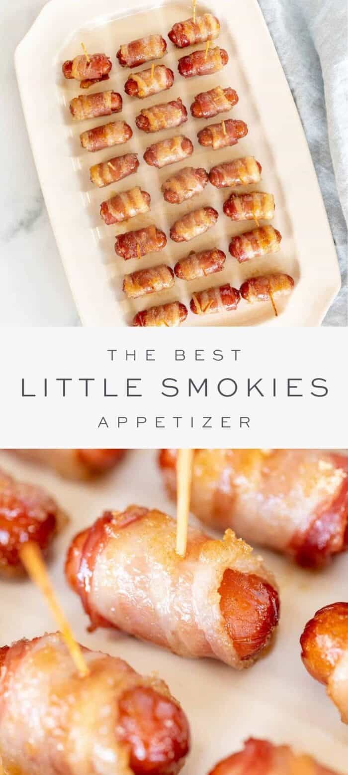 bacon wrapped little smokies on a platter, overlay text, close up of bacon wrapped little smokies