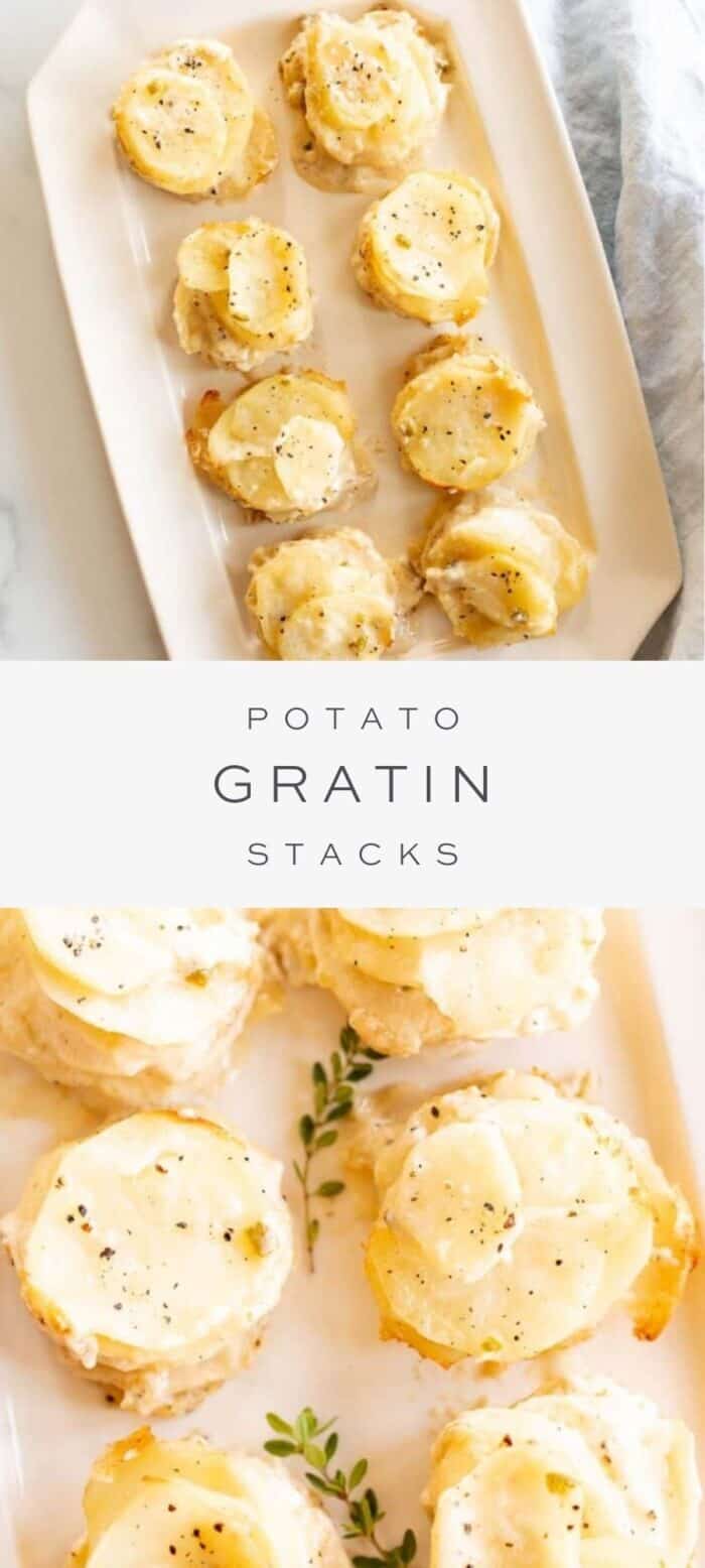 potato gratin stacks on platter, overlay text, close up of potato gratin stacks