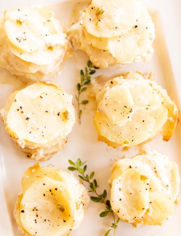 Individual stacks of potatoes au gratin on a white platter with touches of fresh thyme for garnish.