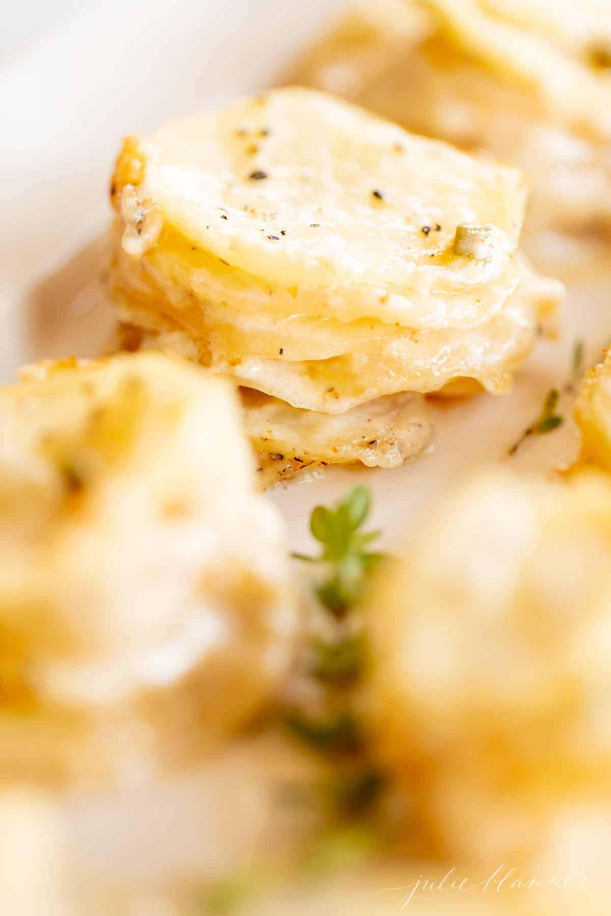 Individual stacks of potatoes au gratin on a white platter with touches of fresh thyme for garnish.