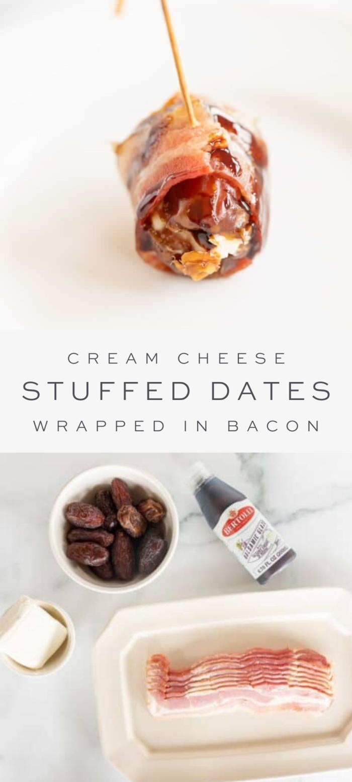 a picture of a stuffed date wrapped in bacon and a second picture of a bowl of stuffed dates