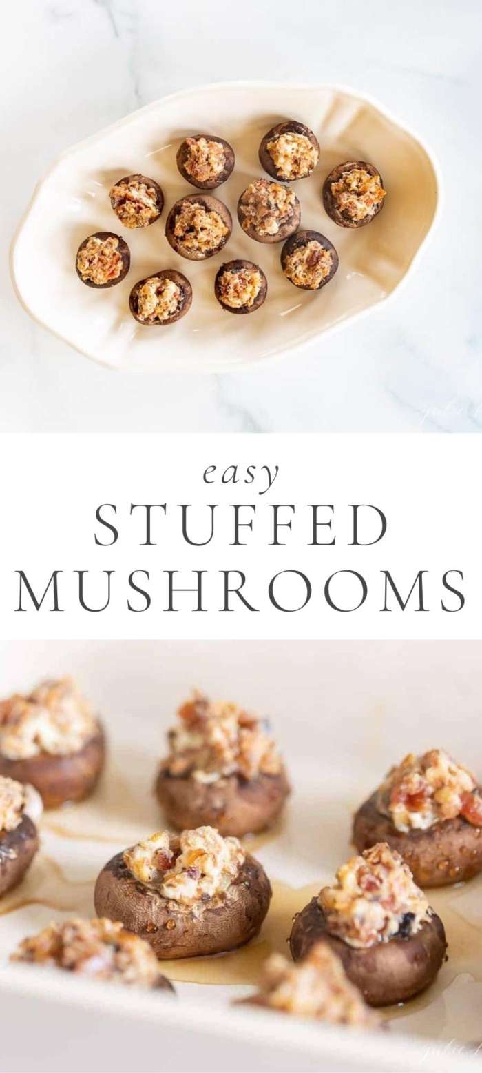bacon and cream cheese stiffed mushrooms on white plate