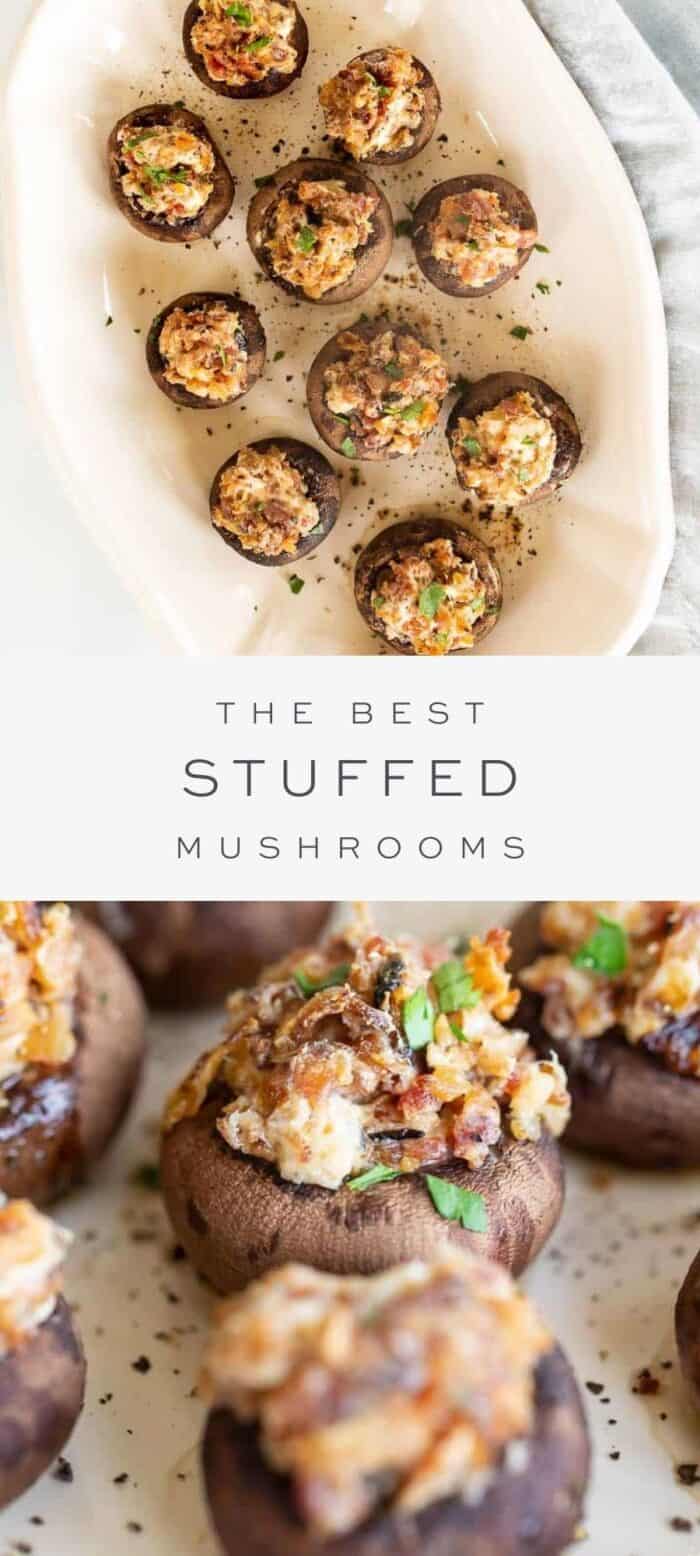 stuffed mushrooms on platters, overlay text, close up of stuffed mushrooms