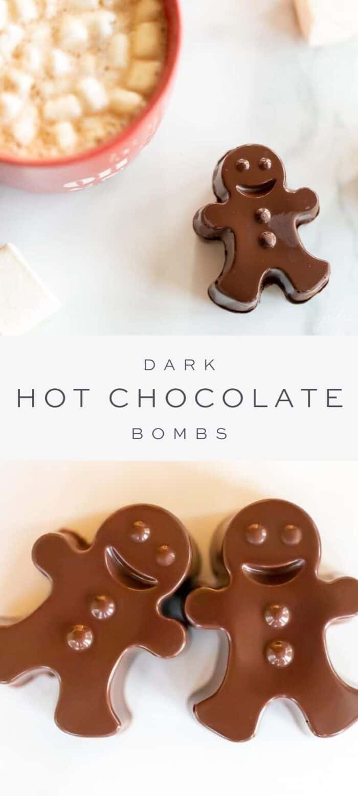 dark hot chocolate bomb and mug of hot chocolate with marshmallows, overlay text, close up of dark hot chocolate bombs