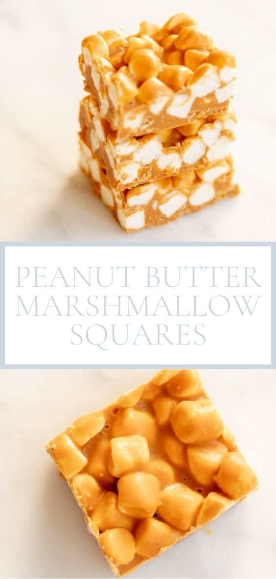 On a marble counter there is a peanut butter marshmallow square from two angles.