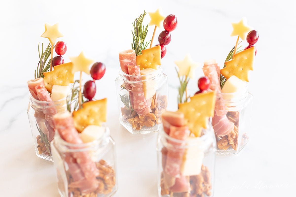 Charcuterie in a jar on a marble countertop