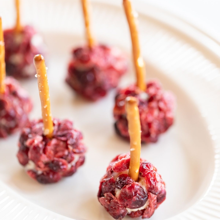 Mini cheese ball bites covered in dried cranberries, with a pretzel stick in the center, resting on a white platter.