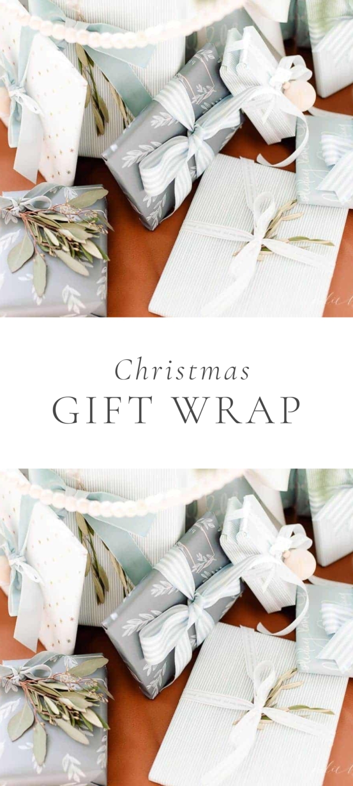 Christmas gifts wrapped on blue and green wrapping papers and ribbons under Christmas tree with caption "Christmas gift wrap"