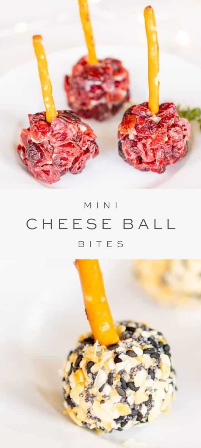 mini cheeseball bites with cranberry, overlay text, close up of cheese ball bites