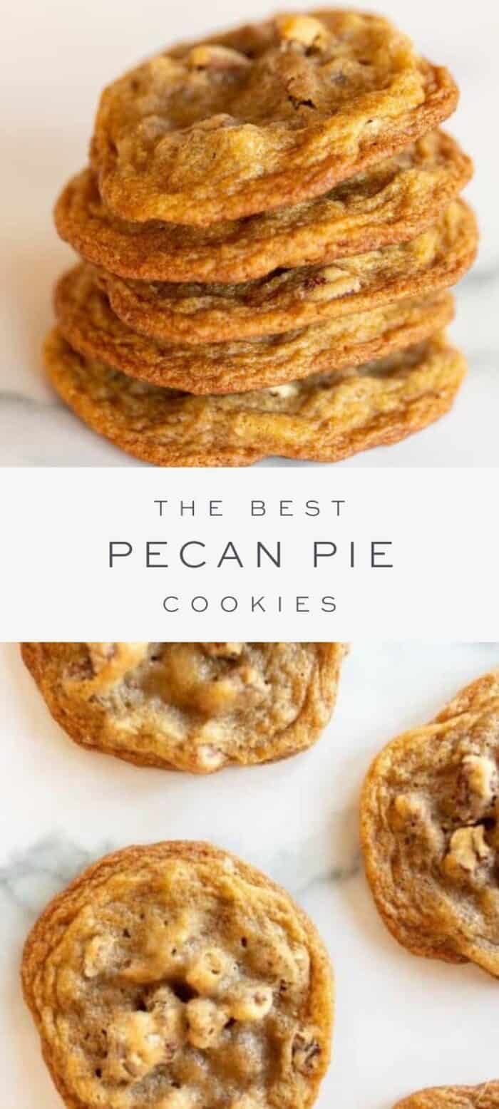 stack of pecan pie cookies, overlay text, close up of pecan pie cookies
