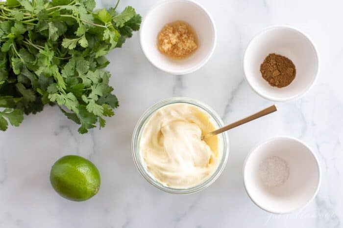 Ingredients for a cilantro aioli recipe laid out on a marble surface.