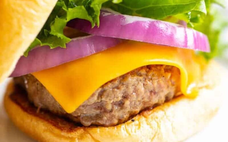 juicy burger with cheese red onion and lettuce