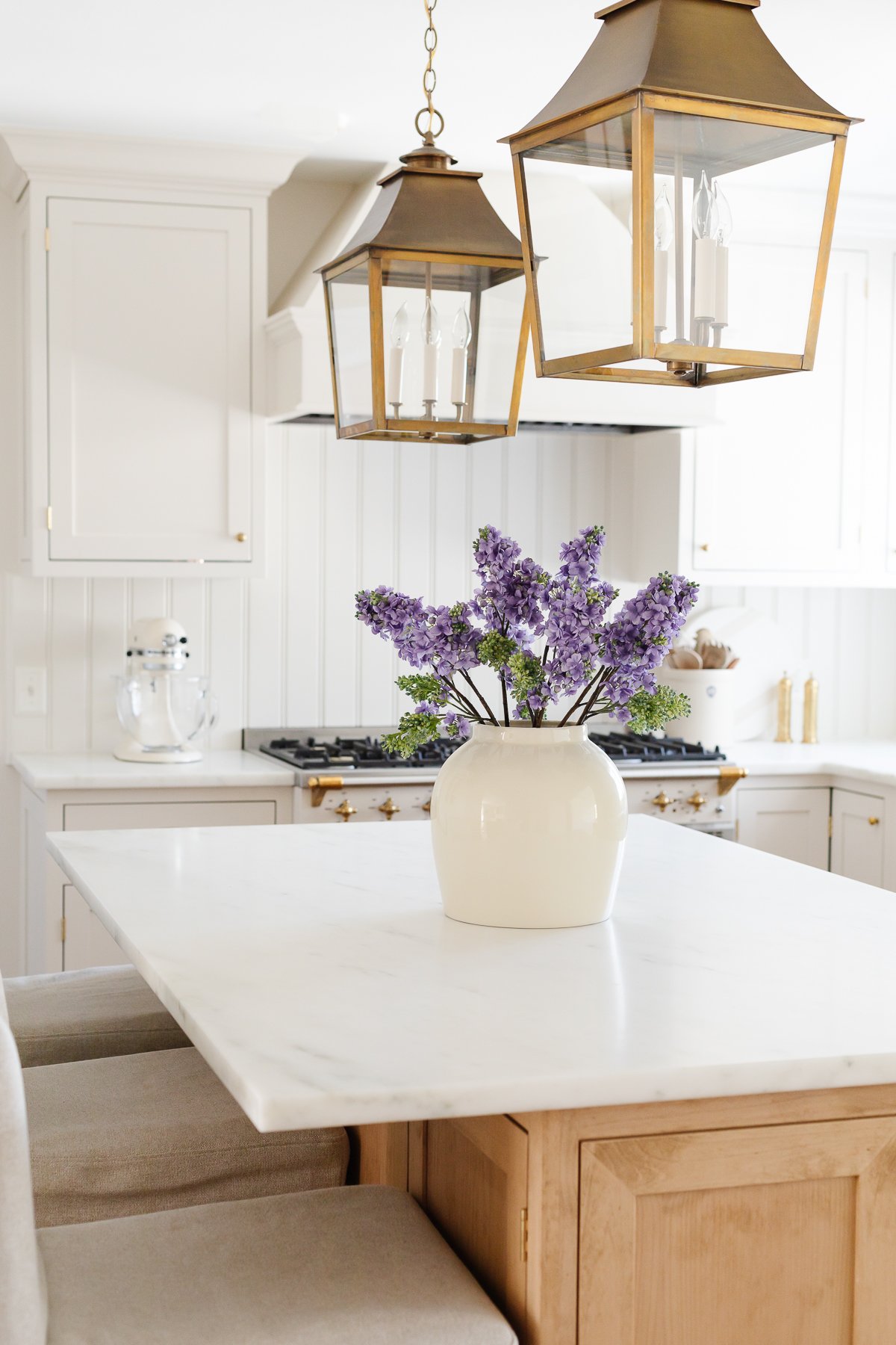 Inset Cabinetry with Antique Brass Cup Pulls - Country - Kitchen