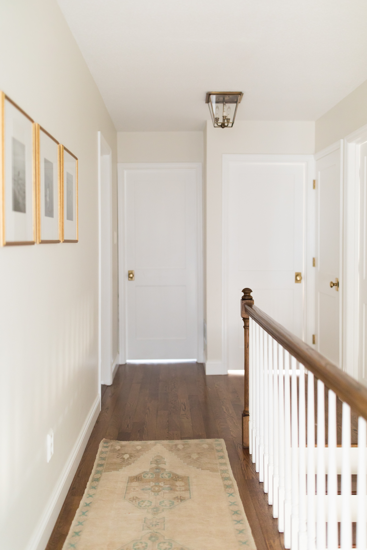 A hallway with white shaker doors and a rug.