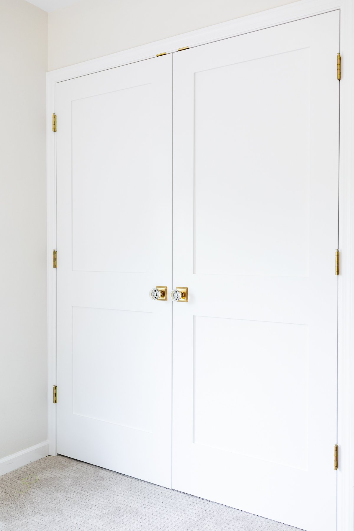 A white shaker style closet door with brass handles.