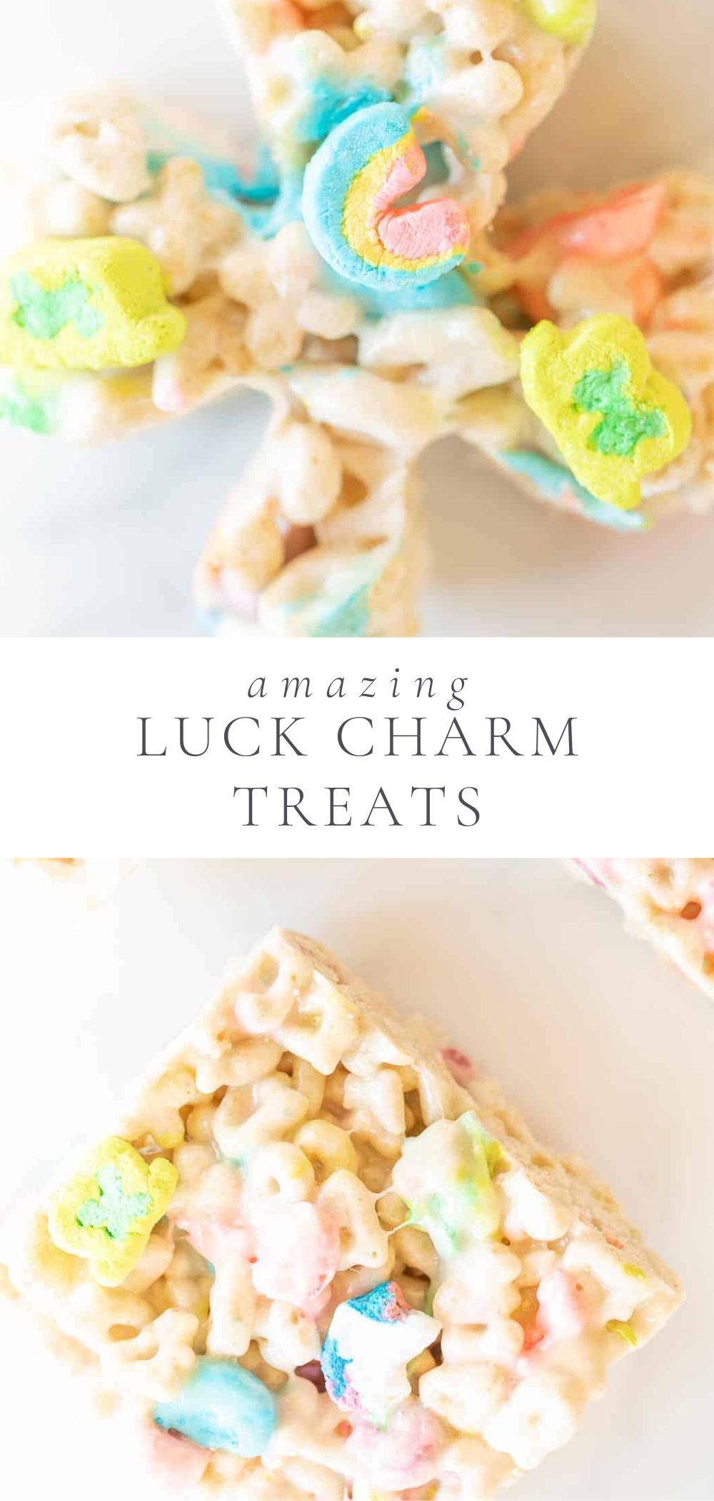 two pictures of lucky charm rice crispy treats