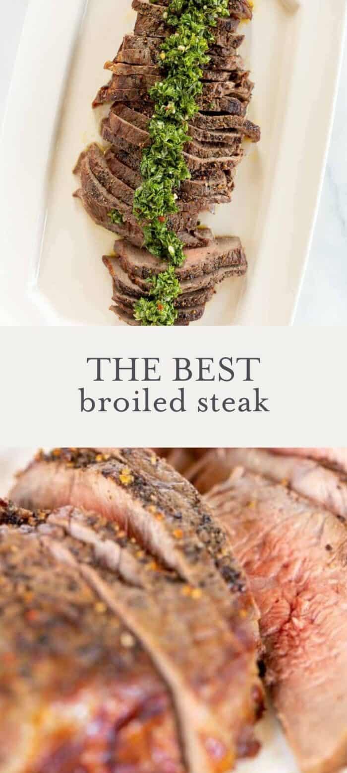 broiled steak topped with chimichurri, overlay text, close up of broiled steak