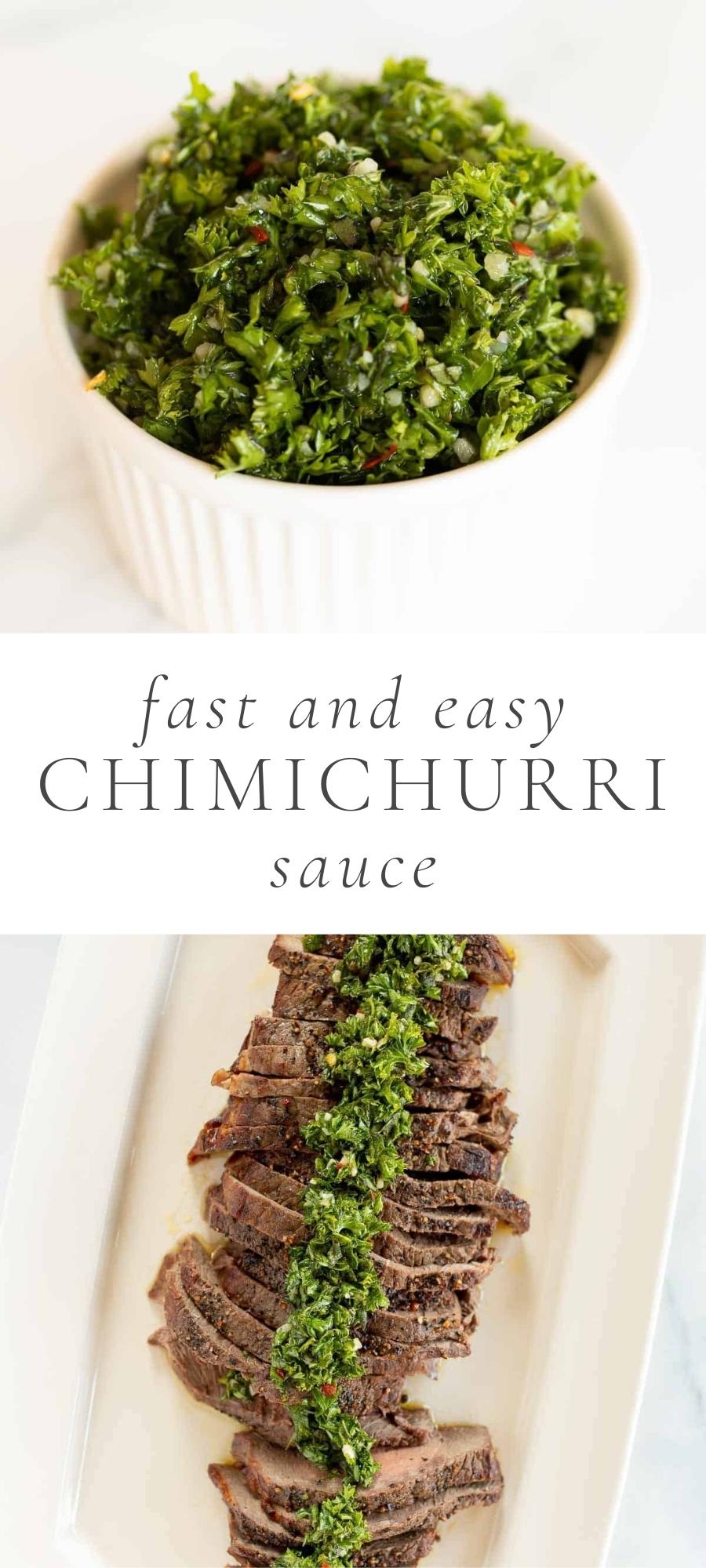 chimichurri sauce in bowl and on top of steak in white plate